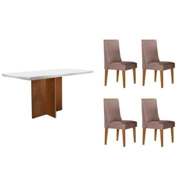 Imagem de Conjunto Sala de Jantar Berlim c/ Tampo Madeirado c/ Vidro Canto Curvo 120x80cm e 4 Cadeiras Dakota Madeira Maciça Naturale/Off White - Capuccino/Linh