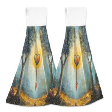 Imagem de Joisal Pacote com 2 panos de lavagem Heart Arrow Sun Yellow para cozinha, toalhas de mão decorativas de banheiro extra absorventes com laço para pendurar