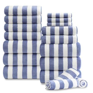 Imagem de Conjunto de 18 toalhas de família listradas azuis roxas com laço para pendurar - 6 lençóis de banho, 6 toalhas de mão, 6 toalhas de banho ultra macias, toalha de banho altamente absorvente de secagem
