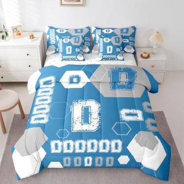 Imagem de Feelyou Conjunto de edredom com letra D, 7 peças, solteiro, estilo time de futebol de rúgbi, para crianças, meninos, meninas, alfabeto, números, cinza, azul claro, microfibra leve