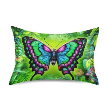 Imagem de Fronhas de cetim cool colorido borboleta verde deixar padrão King Queen almofadas cores refrescantes confortável macio roupa de cama tamanho padrão 66.0 cm x 50.8 cm