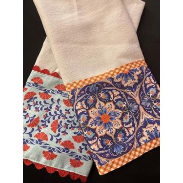 Imagem de Pano de prato com barrado digital Floral, Azul vermelho e Laranja, Bordas Decorativas, Estilo Boho, Conjunto de 2 Peças