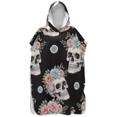 Imagem de Joisal Poncho de surfe trocador de roupão para adultos toalha de natação com capuz absorvente masculino poncho com capuz caveiras engraçadas flores pastel preto