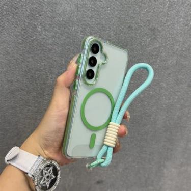 Imagem de Capa transparente com alça de pulso magnética para carregamento, compatível com Samsung A56, A36, A25, A05, A15 e Galaxy S24 Ultra e S25 Plus. Cor: Verde GS. Também compatível com Galaxy A26 5G.