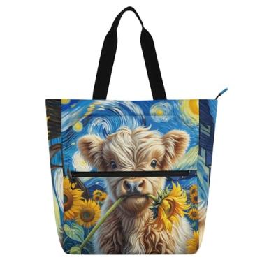 Imagem de GAIGEO Bolsa de mão com zíper Starry Highland Cattle Girassol para crianças e mulheres, trabalho, escola, livros, compras, viagem, bolsa com zíper