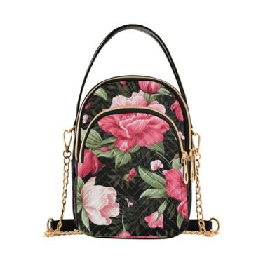 Imagem de GAIGEO Bolsa tiracolo feminina rosa laranja e flor amarela, bolsa transversal com alça, bolsa tiracolo de ombro para mulheres, Flores rosa e verdes em preto-2, One Size