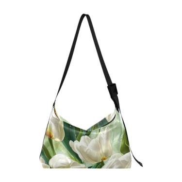 Imagem de Bolsa de couro tulipas brancas com alça de ombro, bolsa de ombro masculina de couro, bolsa tiracolo de couro, Tulipas brancas em verde com folhas-1, One Size
