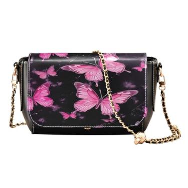 Imagem de GAIGEO Várias maçãs e flores verdes bolsa tiracolo com alça, bolsa de ombro transversal de couro, bolsas de couro, Borboletas rosa em preto-1, One Size