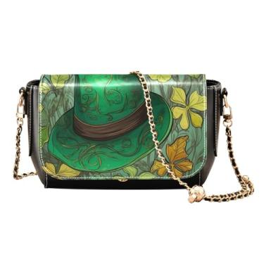 Imagem de Bolsa tiracolo de couro médio com chapéu de duende e trevo, bolsas transversais de couro, bolsas de ombro para mulheres tamanho médio, Chapéu de São Patrício com folhas-1, One Size