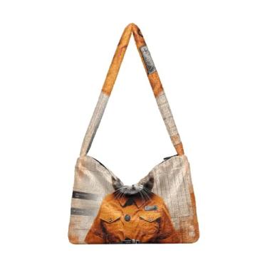 Imagem de Bolsa de ombro feminina Fierce Eyes Behind preta, bolsa de ombro de pelúcia sob o braço, bolsa de ombro com zíper para mulheres, Cat Sheriff Laranja, One Size