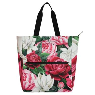 Imagem de GAIGEO Bolsa de trabalho feminina branca vermelha e rosa peônias bolsa de trabalho de lona escolar bolsa de viagem com compartimentos