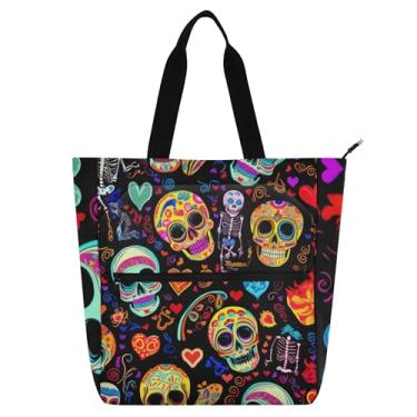 Imagem de GAIGEO Sacola feminina preta com caveiras coloridas vibrantes para trabalho, lona, praia, escola, presente de tecido para amantes de livros