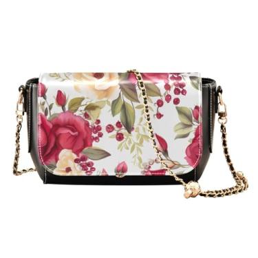 Imagem de Bolsa tiracolo feminina roxa e amarela floral em couro branco, bolsa feminina de couro, bolsa de ombro para mulheres, Floral com rosa vermelha e ramos - 1, One Size