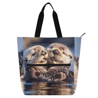 Imagem de GAIGEO Lontras marinhas fofas para mulheres e crianças com zíper, escola, trabalho, professores, viagem, bolsa de ombro de lona média