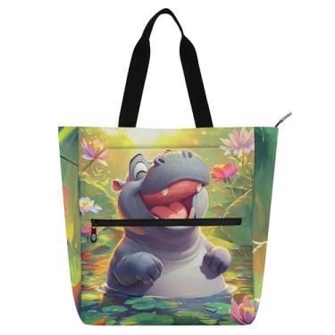 Imagem de GAIGEO Sacolas femininas fofas de desenho animado hipopótamo para trabalho, lona, praia, livros, bolsa carteiro com zíper e compartimentos