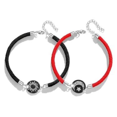 Imagem de IQPDYV Pulseira luminosa de casal de sol e lua que brilha no escuro combinando com cordão de couro ajustável presente de amor de longa distância para casais, One Size, Couro, Sem Pedra Preciosa