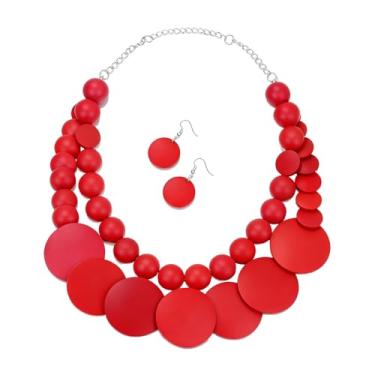 Imagem de GIKILEE Conjunto de brincos de colar de contas de madeira grossa colar tribal africano gargantilha colar geométrico étnico joia declaração, Madeira, Sem Pedra Preciosa