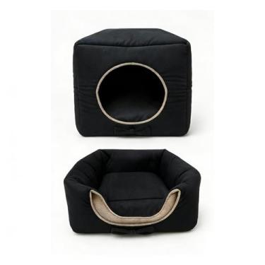 Imagem de Cama Pet Casinha Toca 3 em 1 para Cães e Gatos Fundo Impermeável, Colchão Removível Linha Premium Sala e Quarto Interno (Preto,M)