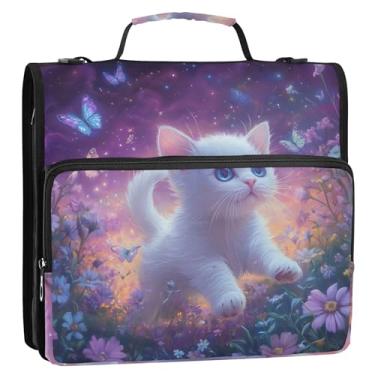 Imagem de Fichário colorido com 3 anéis de 3 anéis, anel D fofo, flor roxa, organizador de fichário com zíper, vários bolsos, pasta de portfólio grande, bolsa escolar com alça de ombro