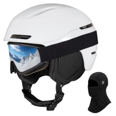 Imagem de VCOROS Capacete de esqui capacete de snowboard para adultos e jovens (óculos de esqui branco brilhante (máscara de esqui), pequeno)