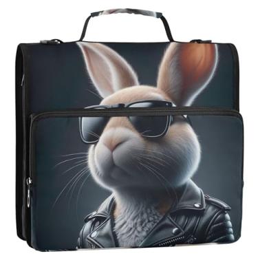 Imagem de Coelho legal engraçado animal organizador de fichário com zíper 3 anéis bolsa resistente para fichários escolares com alça de ombro, vários bolsos, pasta grande para portfólio