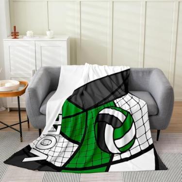 Imagem de Feelyou Cobertor de lã de flanela de vôlei para bebês 76,2 x 101,6 cm, cobertor felpudo de vôlei, jogos, esportes, crianças, meninos, meninas, branco, cinza, verde, listras, geométricas, cobertor de