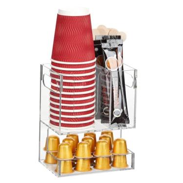 Imagem de Organizador de estação de café, acessórios de barra de café de 2 camadas para bancada, organizador de acrílico para condimentos e copos para cápsulas K, agitadores de chá, presente para amantes de