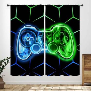 Imagem de Lnepty Cortinas infantis para quarto, moderno, verde, azul, chama, videogame, controle de graffiti, tratamento de janela, cortinas para meninos e adolescentes, sala de estar, sala de jogos, 2 painéis