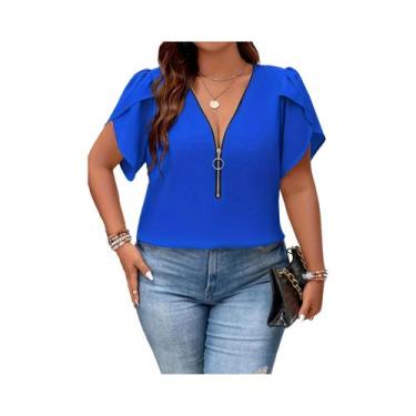 Imagem de Blusa De Chiffon plus Size Com Decote Em V, Casual De Verão, Elegante 