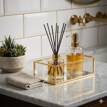 Imagem de Bandeja Espelhada Retangular Metal Decoração Lavabo Quarto Dourada 23x