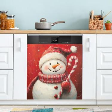 Imagem de xigua Linda capa magnética de boneco de neve de Natal, adesivos magnéticos decorativos antiarranhões para painel de geladeira e lava-louças, decoração personalizada de cozinha doméstica 58 x 66 cm