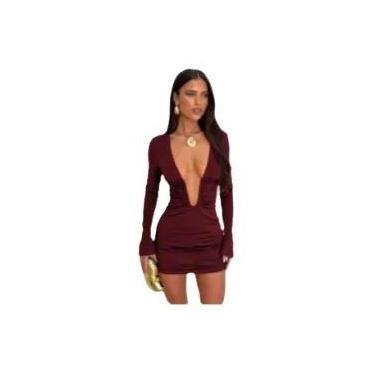 Imagem de Vestido Mini Sexy Feminino Com Decote V Profundo E Mangas Longas, Cint