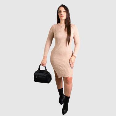 Imagem de Vestido Feminino Manga Longa Inverno Midi Tricot Tubinho - Swisz, Nude