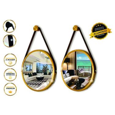Imagem de Kit 2 Espelhos Redondo Decorativo Suspenso Alça 60cm + suporte Dourado