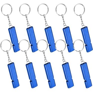 Imagem de 10 apitos de emergência de sobrevivência com chaveiros, apitos de segurança de metal de alumínio, apitos altos de alta frequência de tubo duplo para aventuras ao ar livre, acampamento, caminhada, caça