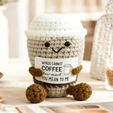 Imagem de Sobremesa artística de crochê positiva – decoração fofa de xícara de café de desenho animado, kits de crochê feitos à mão, festival, aniversário, presentes de Natal para mulheres ou homens