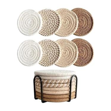 Imagem de Conjunto de 8 peças porta-copos absorventes para bebidas, porta-copos minimalistas de tecido de algodão decoração de mesa de café porta-copos fofos (médios)