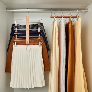 Imagem de Cabides de saias HANGSAGE, pacote com 2 suportes de saia de madeira de faia e metal que economizam espaço, 4 camadas, gancho giratório de 360° e design com vários clipes ajustáveis, organizador