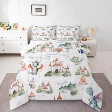 Imagem de Homewish Jogo de cama solteiro com desenho animado de dragão, animais do oeste, 2 peças, para decoração de quarto de crianças, meninas, meninos, adolescentes, castelo, céu nuvens, conjunto de edredom