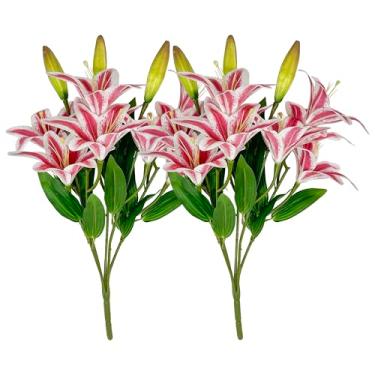 Imagem de ATFL Flores de lírio artificiais, 18 cabeças, 5 garfos de haste longa, buquês de flores falsas de tigre e lírio para casa, hotel, escritório, festa, decoração de mesa (2, rosa)