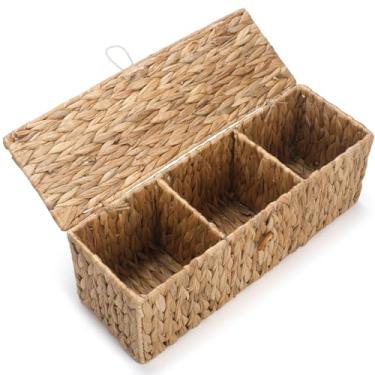 Imagem de Cesta de banheiro de vime com tampa, cesta de vaso sanitário de jacinto d'água com 3 compartimentos, caixa de armazenamento de tecido para organizador de banheiro (42,4 x 14,5 x 14,5 cm)