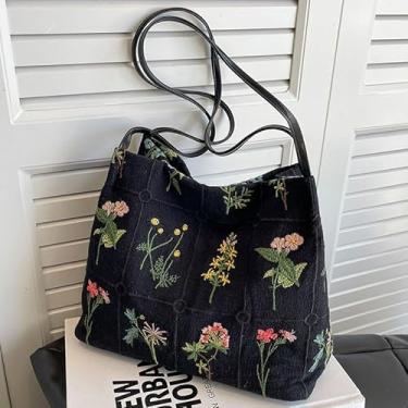 Imagem de Bolsa feminina com bordado floral, bolsa leve, bolsa casual com zíper, bolsa de ombro de grande capacidade para deslocamento, passeios e encontros casuais, preta