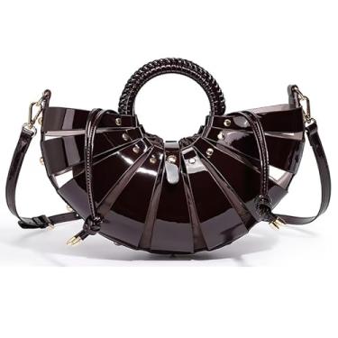 Imagem de louceko Bolsa de ombro feminina de couro PU, vazada, transversal, alça de tecido, concha para ventilador, cesta de vegetais, bolsa de mão, Café, Medium