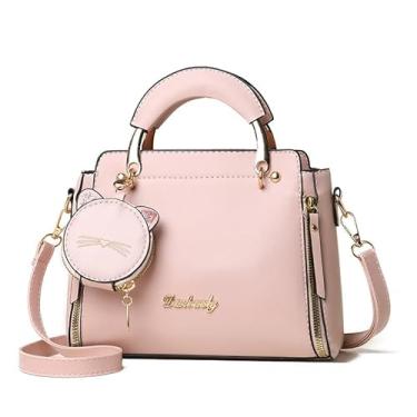Imagem de CHENXIAOHONG Bolsa feminina média de couro sintético com alça removível, bolsa transversal e de mão, estilo fofo com chaveiro gatinho(Rosa)