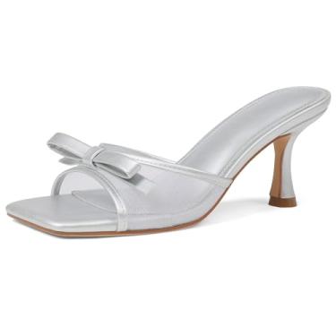 Imagem de Attiposh Sandálias femininas de salto aberto, bico quadrado, salto gatinho, sem cadarço, malha, salto mules, sapatos sociais confortáveis para festas de casamento, Prata, 35