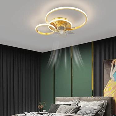 Imagem de Luminária de teto com ventilador e iluminação LED moderna e silenciosa com controle remoto e timer para sala de estar, quarto e sala de jantar (dourada, 2 anéis (56 cm))