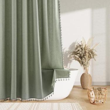 Imagem de Nanspring Cortina de chuveiro extra longa verde sálvia boho linho 228 cm texturizada, tecido com borla, conjunto de cortinas de banho com ganchos, cortina de chuveiro moderna estética retrô para