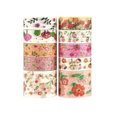 Imagem de Conjunto de adesivos Washi com 10 rolos de flores, adesivos decorativos para artes, artesanato, material de diário, scrapbook, cartão, embrulho de presente