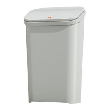 Imagem de Lixeira de cozinha com tampa, lata de lixo de plástico de 14 litros com tampa tipo prensa e anel de pressão embutido para casa/banheiro/escritório/garagem, cozinha, lixeira (cinza)