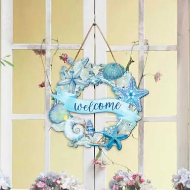 Imagem de Welcome Enfeite de verão para pendurar, oceano, praia, estrela-do-mar, placa, decoração para pendurar na parede interna ao ar livre, porta da frente